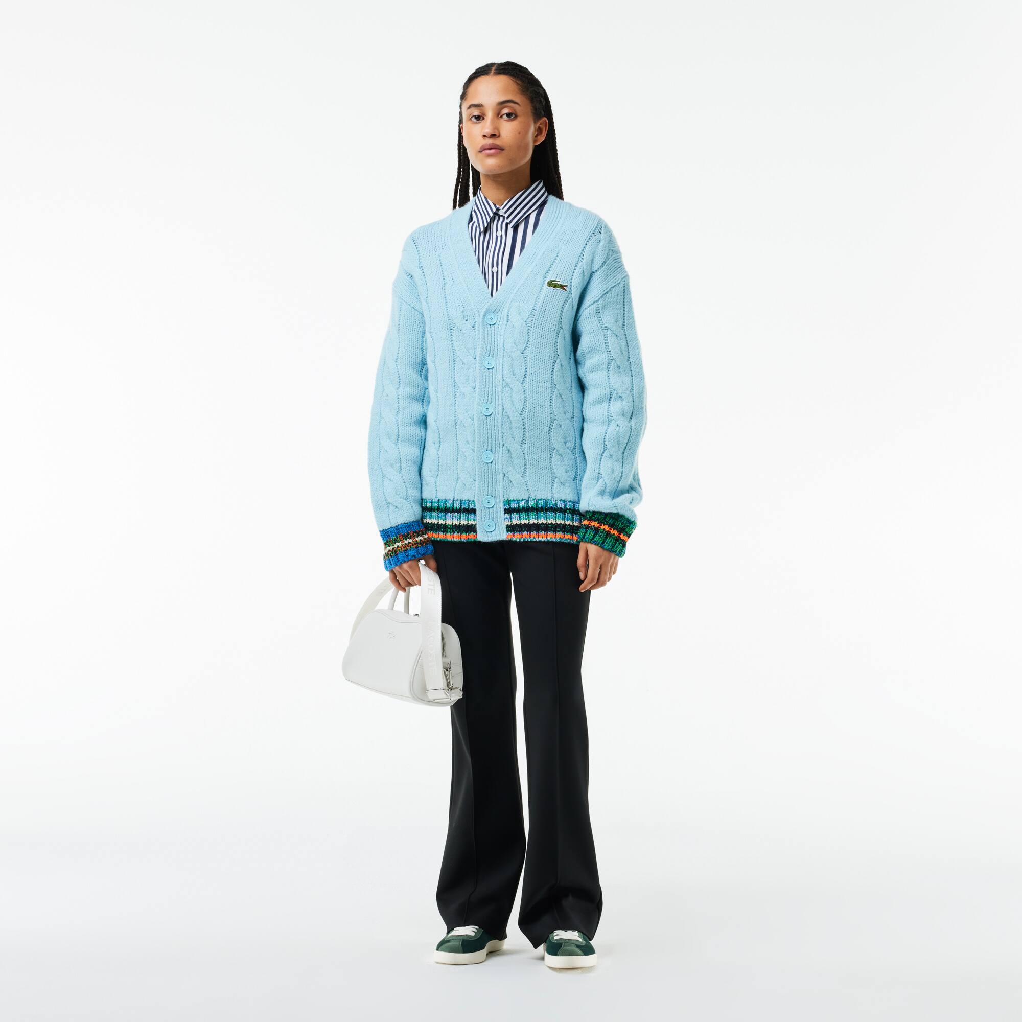 Gestreifter Cardigan im Zopfmuster Pullover - Blau - Lacoste - Unisex