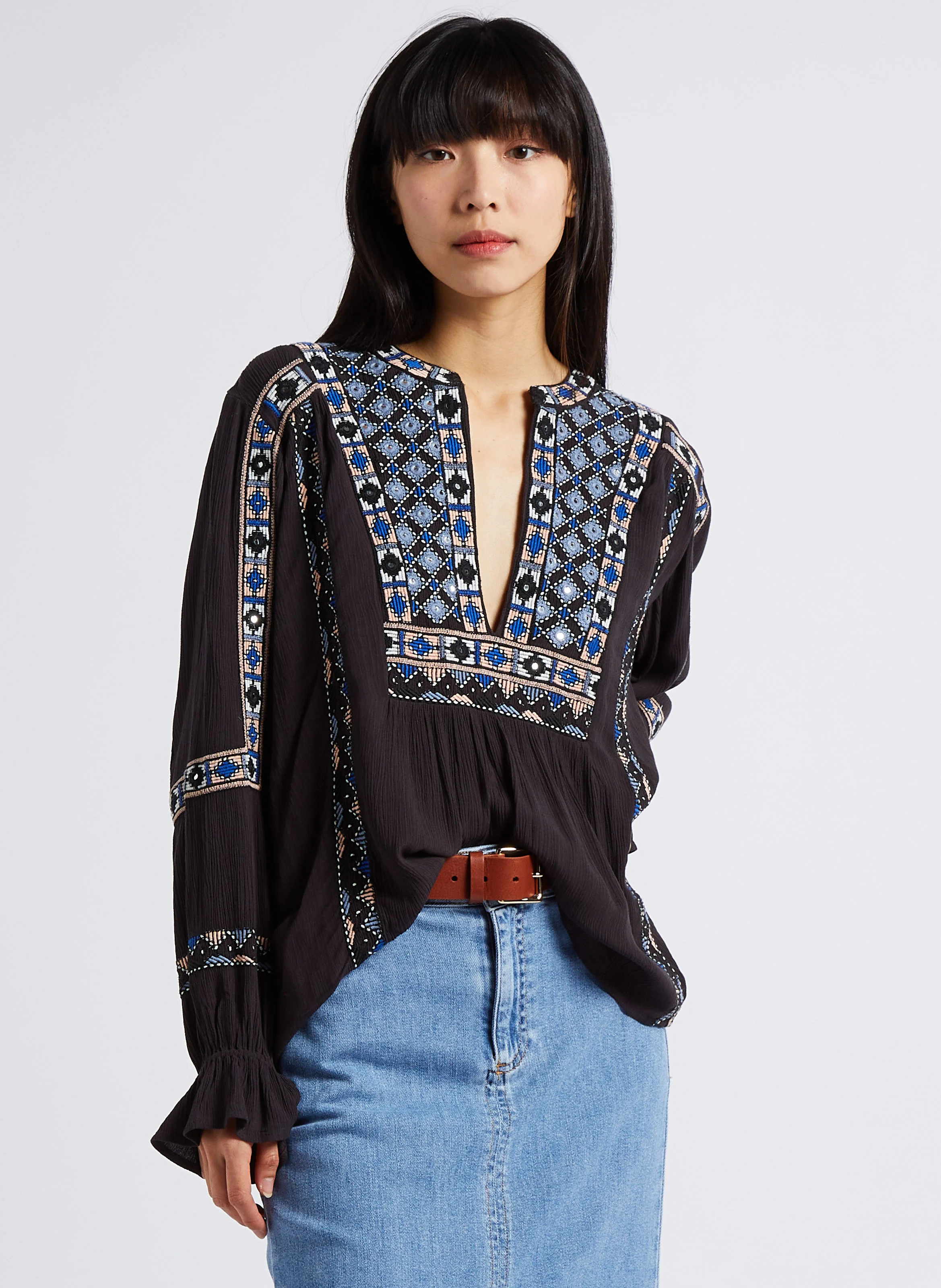 MARIELLA - Blouse ample brodée | Gris