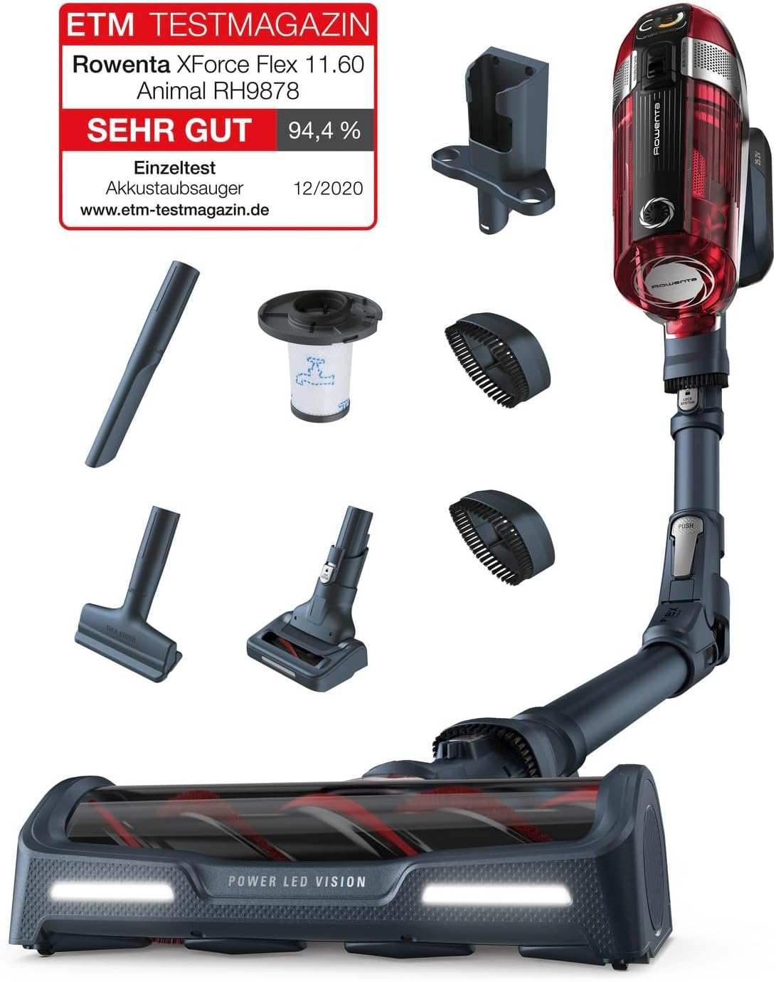 Rowenta X-Force Flex 11.60 Kabelloser Stabstaubsauger, Tierpflege, 130-Watt-Saugleistung, 25,2 V Wechselakku, bis zu 45 Min. Autonomie, Kontrollanzeige,Technologie, LED-Leuchte, Rot-Grau, RH9878WO