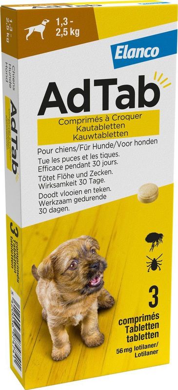 Elanco - Adtab Anti Vlooien en Teek Kauwtabletten - Hond - Bescherming - > 1,3 – 2,5 kg - 3 Tabletten - 1 Keer Per Maand