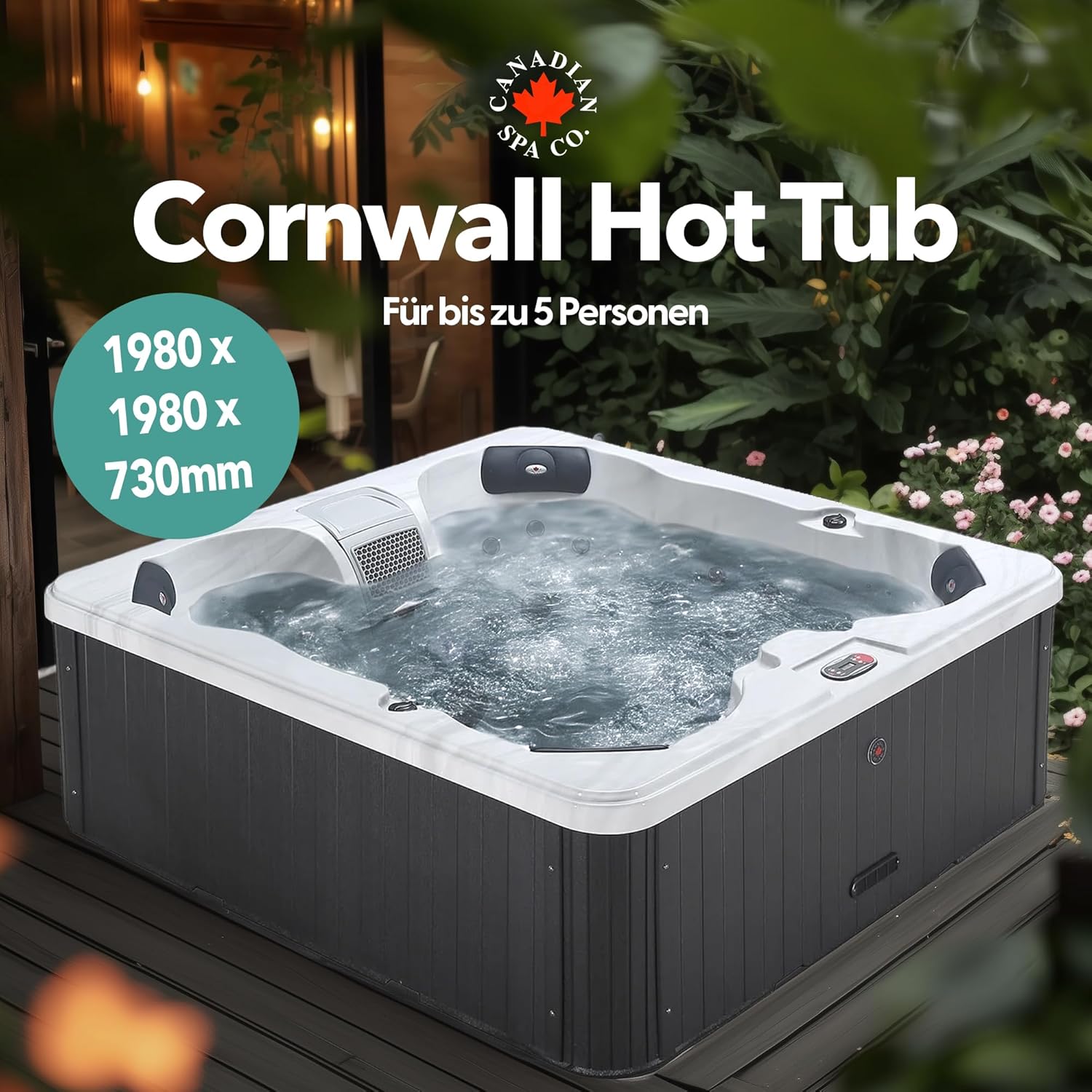 CANADIAN SPA CO. Cornwall Plug & Play 13 Outdoor Hot Tub 5 Personen, 198x198x73 cm, viereckig, mit Abdeckung, LED Beleuchtung, Heizung und 18 Jets, ganzjährige Nutzung