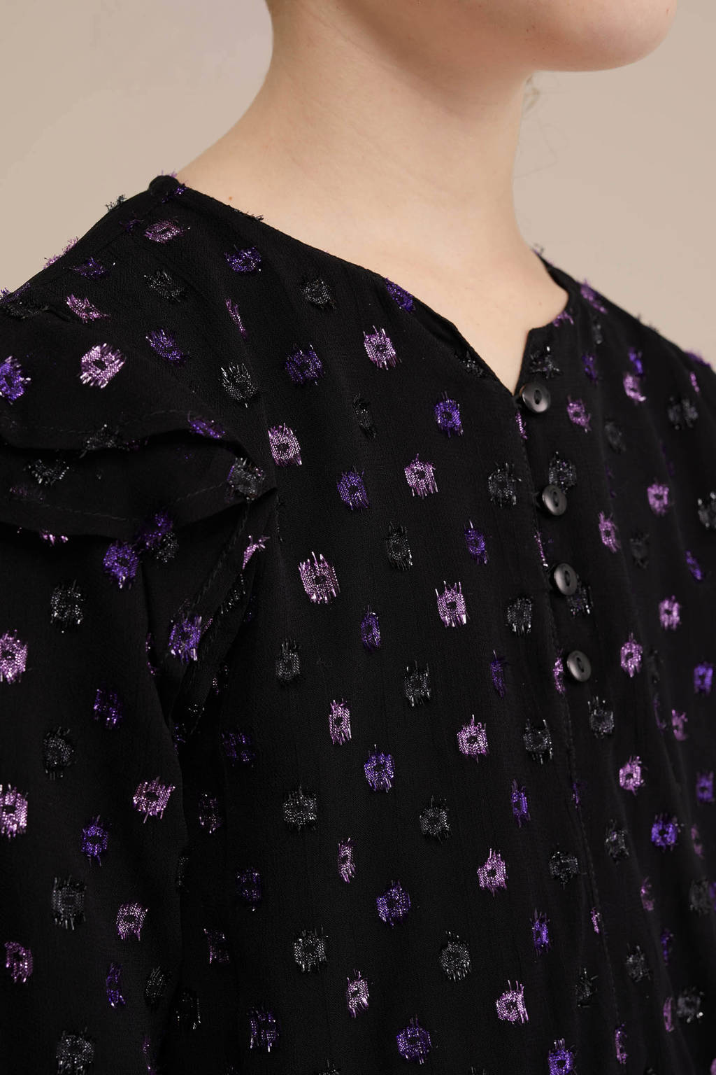 WE Fashion top met all over print en ruches zwart/paars/zilver