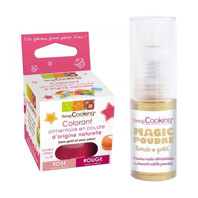 Colorant alimentaire Rouge + Poudre alimentaire irisée dorée Scrapcook