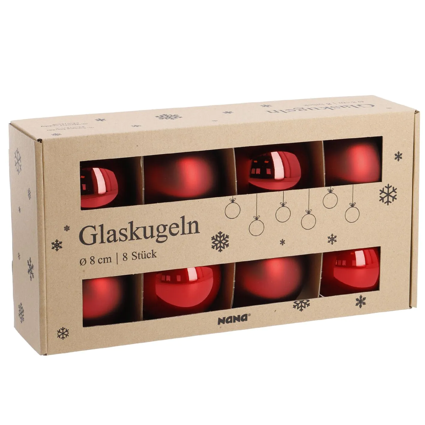 8er Weihnachtskugel Set Glaskugeln 8 cm, rot