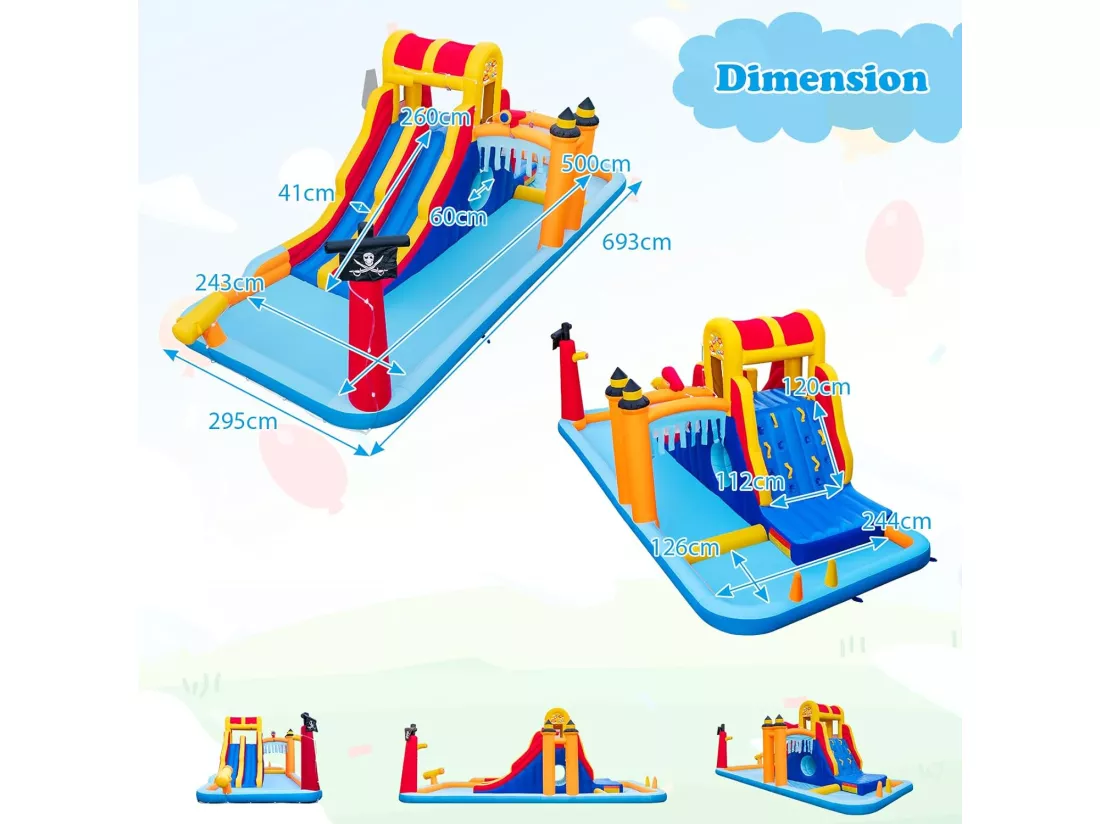 Château Gonflable en Forme Boîte avec Toboggan Aquatique & Mur d’Escalade, Aire de Jeux Gonflable avec Canon à Eau, Charge 90kg pour 3 Enfants de 3-10 Ans, 693x295x263 CM