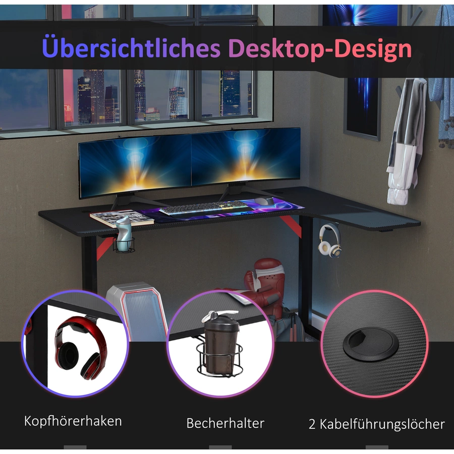 HOMCOM Schreibtisch L-förmiger Eckschreibtisch, Kabelmanagement-Löcher, Racing-Stil Schwarz, Rot