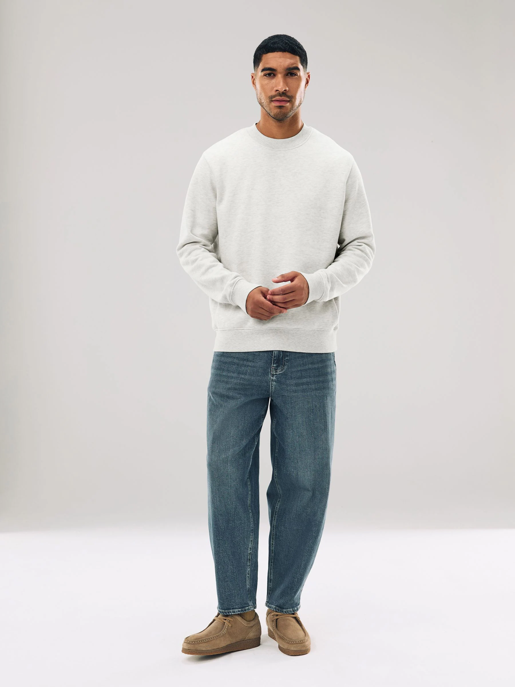 Ecru gemêleerd - Normale Pasvorm - Dik sweatshirt met ronde hals en hoog katoengehalte