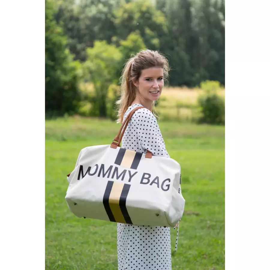 CHILDHOME Mommy Bag Groß Canvas Beige Stripes Black  Gold