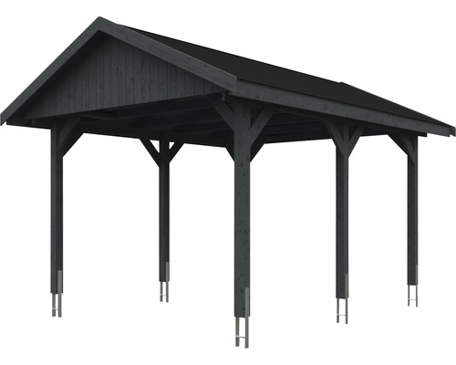Enkele carport SKAN HOLZ Wallgau incl. zwarte shingles en H-paalankers 380 x 500 cm grijs