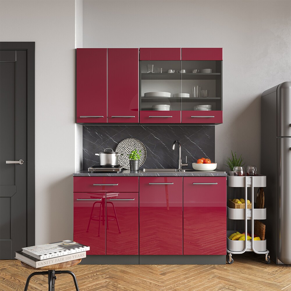 Vicco Küchenzeile Single Einbauküche 140 cm Küchen Bordeaux Hochglanz Fame-Line