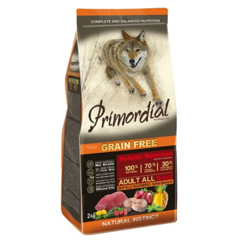 Ração Primordial Adult Grain Free Buffalo and Mackerel para cães.