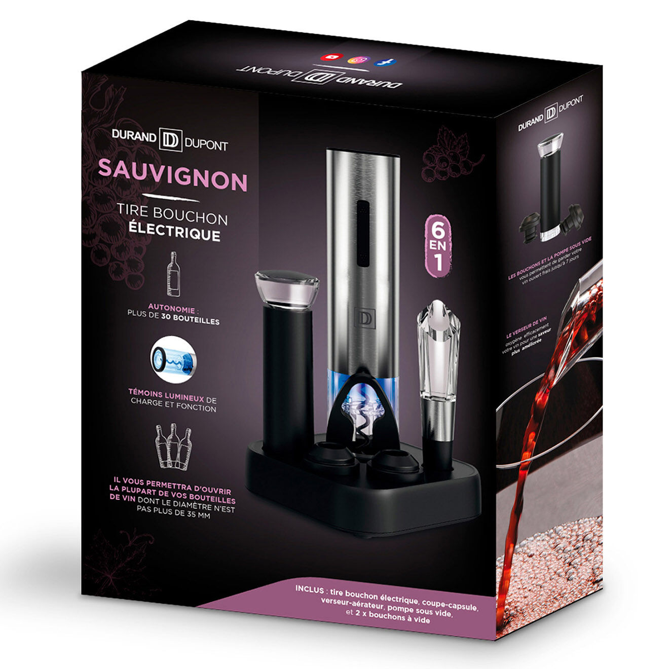 Durand Dupont Coffret Tire Bouchon Electrique  noir/inox - 12x12x20.3 cm