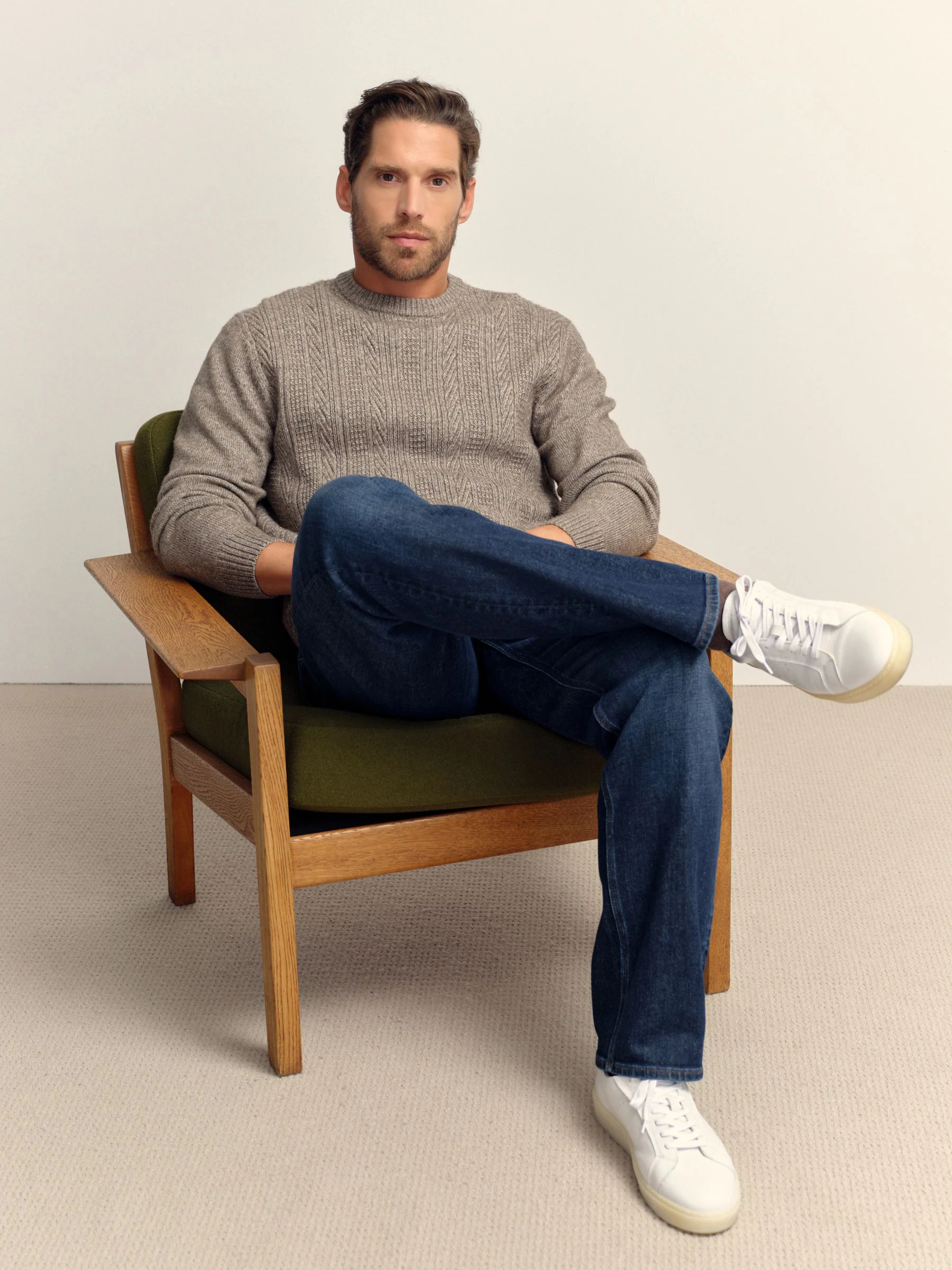 Donker kiezelkleurig - Regular Fit Cable Knit Crew Neck Jumper with Wool