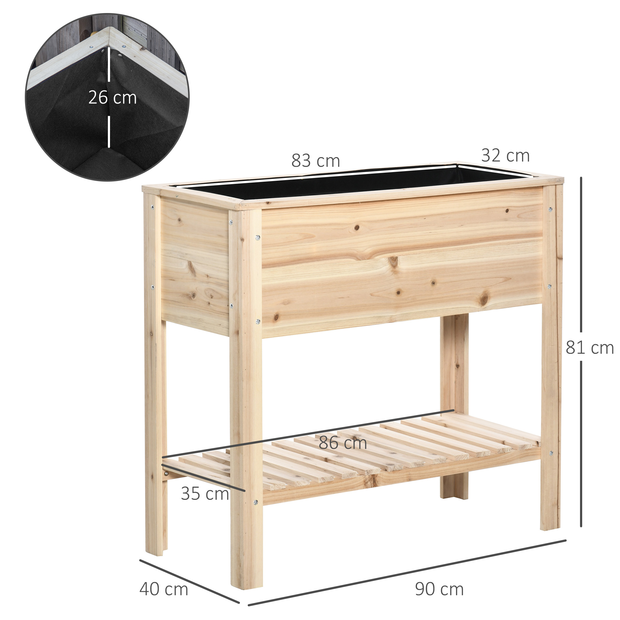 Horta urbana elevada Outsunny com prateleira, 90x40x81 cm, mesa de cultivo em madeira com tecido não tecido para cultivo de plantas, flores e jardinagem natural.