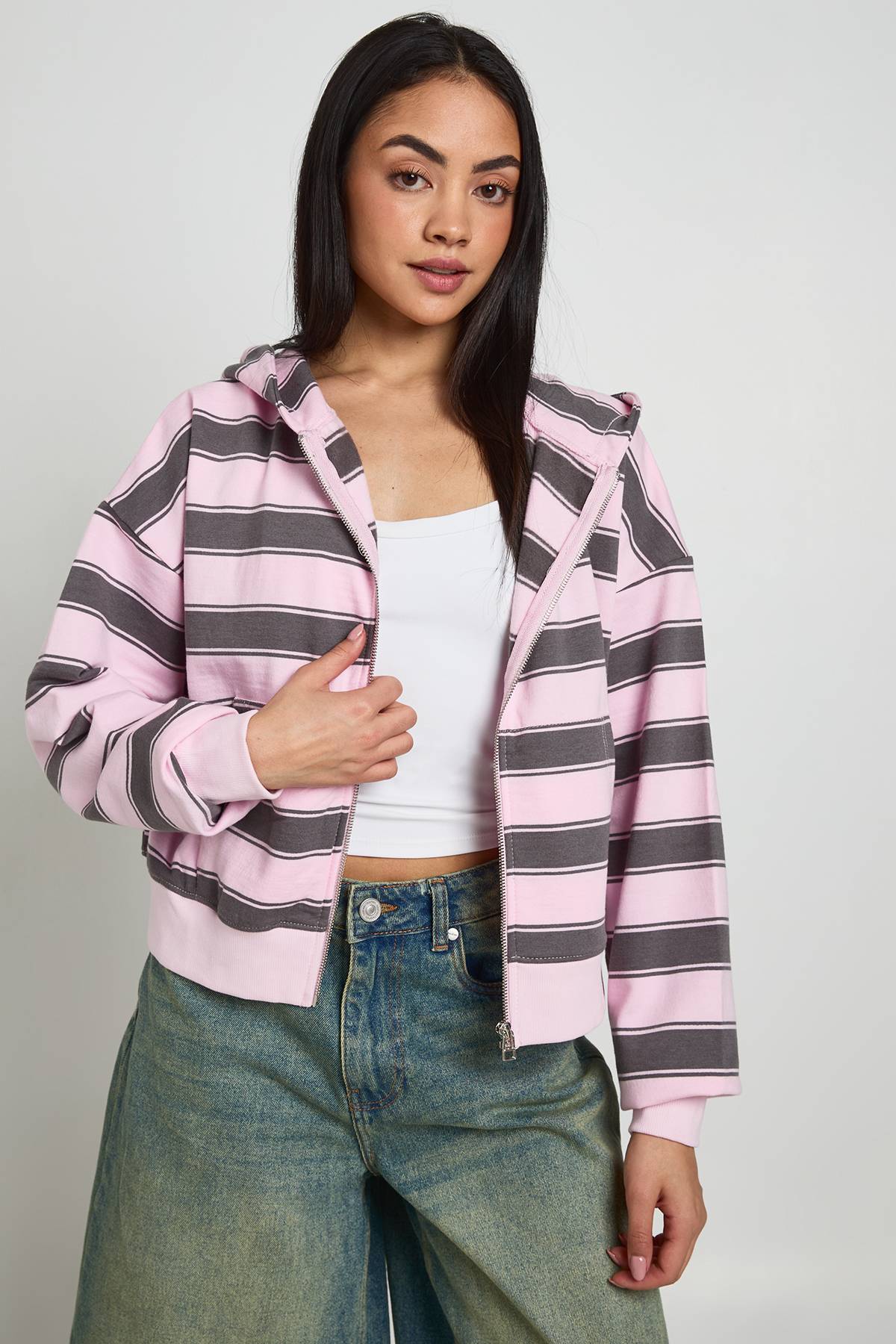boohoo Sweat À Casynthétiqueche Boxy Zippé À Rayures