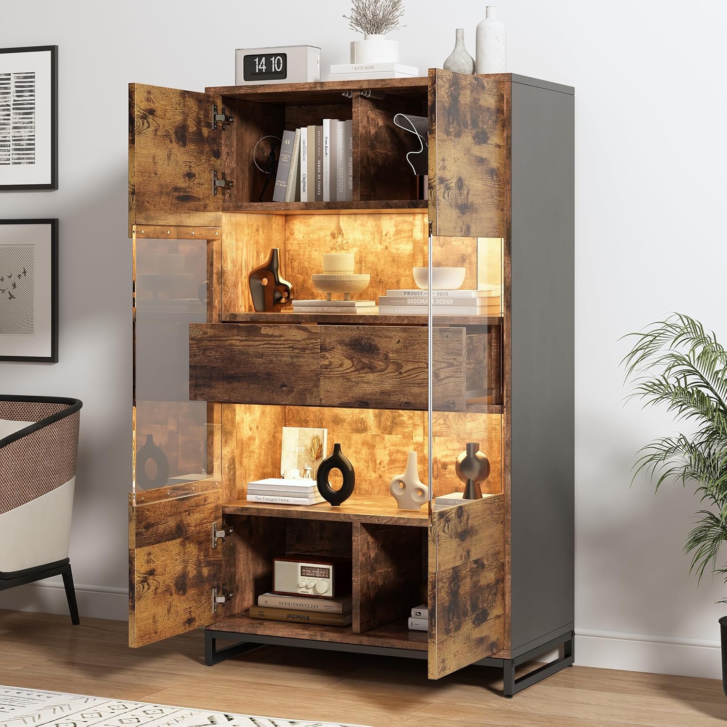 Wiuzo 80x40x138cm Vitrine mit LED-Beleuchtung Standvitrine,Vitrinenschränke mit 2 Schubladen, Stauraumvitrine mit Acrylblende, highboard, Weinschränke,Schwarz + Holzmaserung