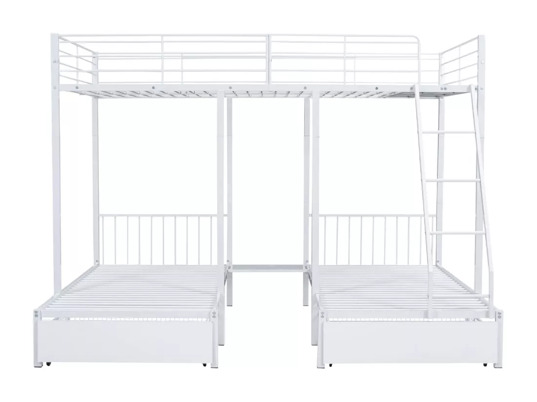 Blanc triple lit superposé avec tiroirs, cadre de lit en métal, convertible en lit double 140 x 200 et deux lits simples 90 x 200