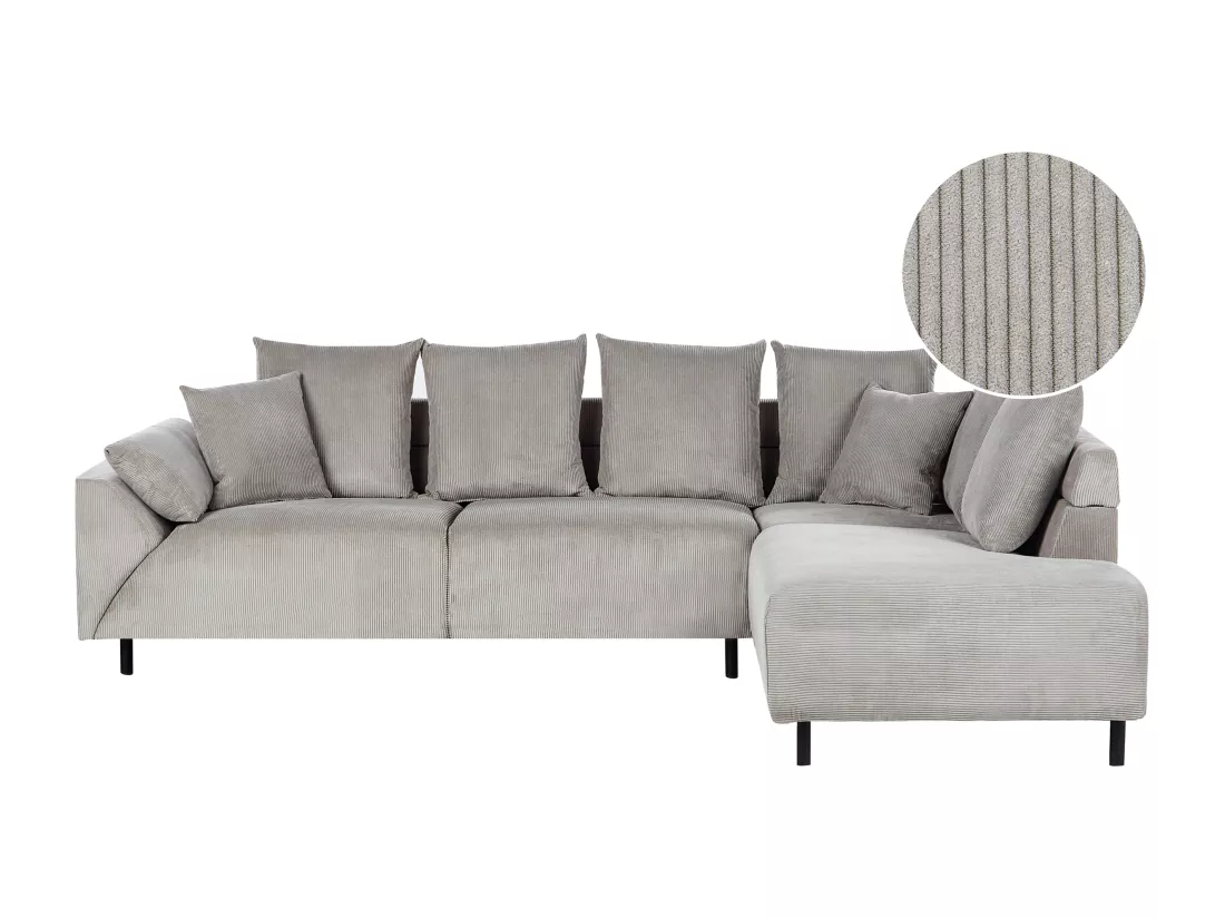 Canapé d'Angle à droite Moderne en Velours Côtelé Coussins en Tissu Pieds en Métal Gris Clair Lunner