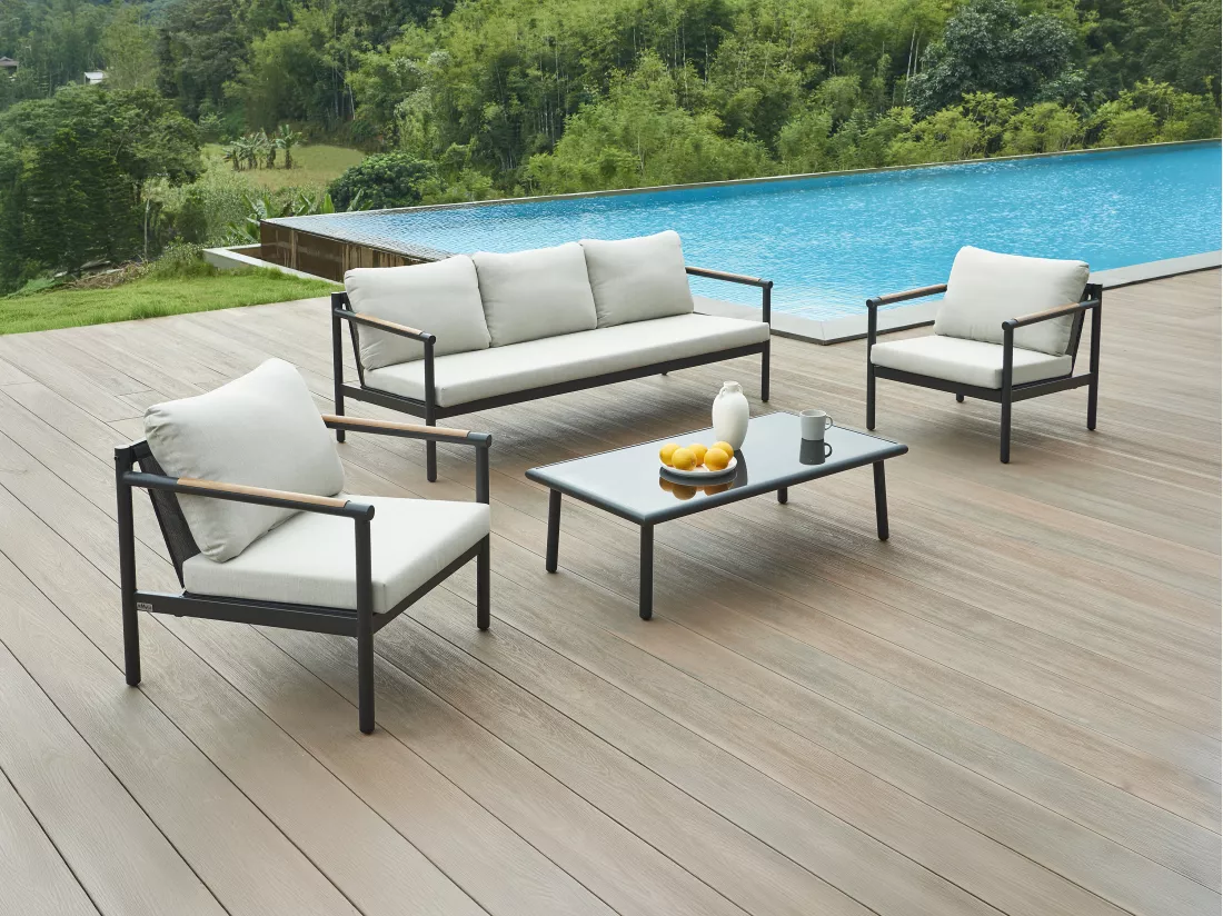 Salon de jardin en aluminium : un canapé 3 places, 2 fauteuils et une table basse - Noir coussins beiges - LAKIT de MYLIA