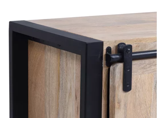Meuble TV avec 2 portes, 1 tiroir et 1 niche en bois de manguier et métal - Naturel et noir - HARLEM II