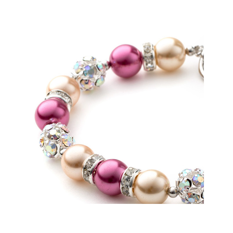 Bracelet 1 Rang en Perles Orange et Rose, Cristal et Plaqué Rhodium