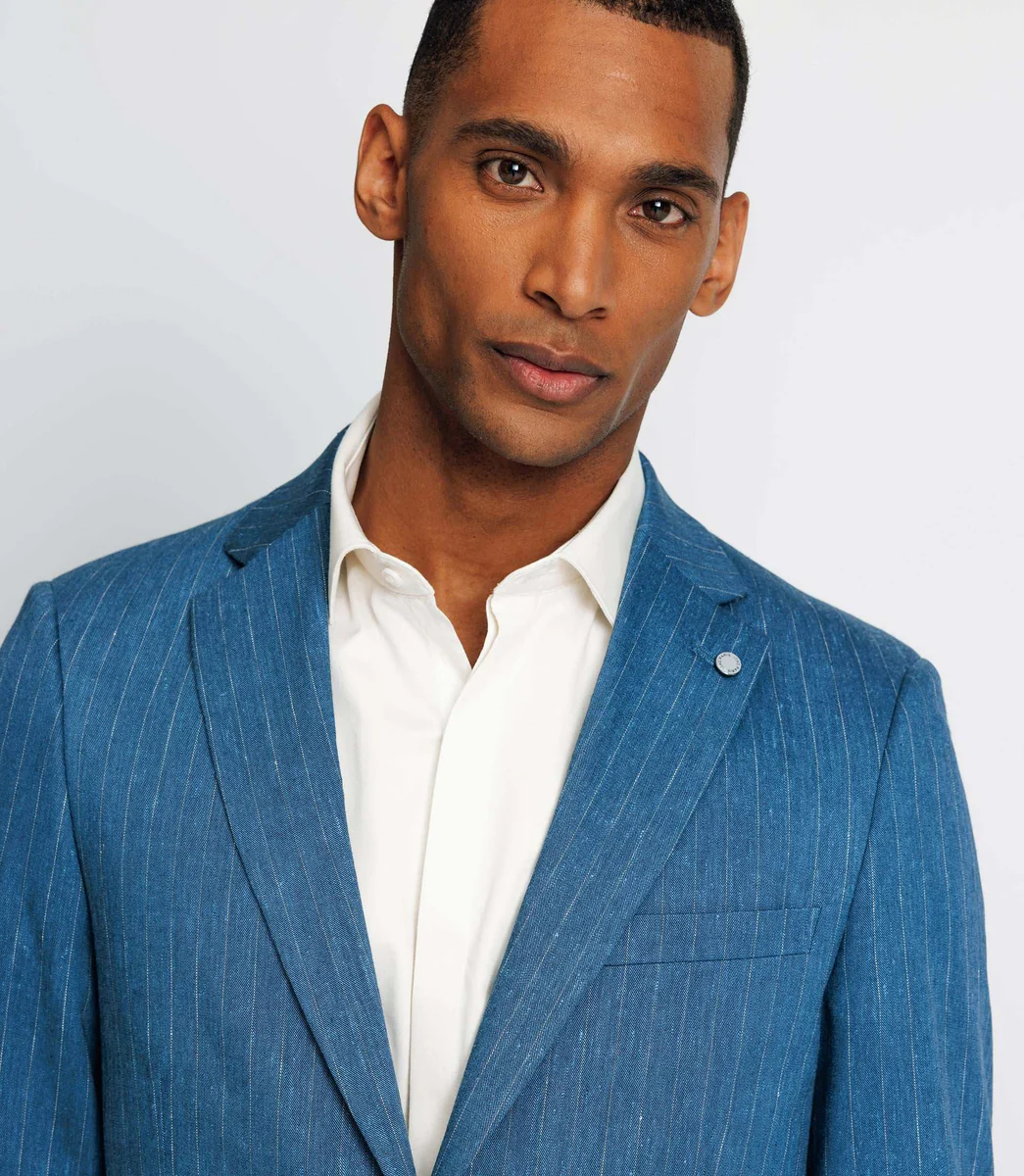 Veste ville rayée en lin bleu indigo