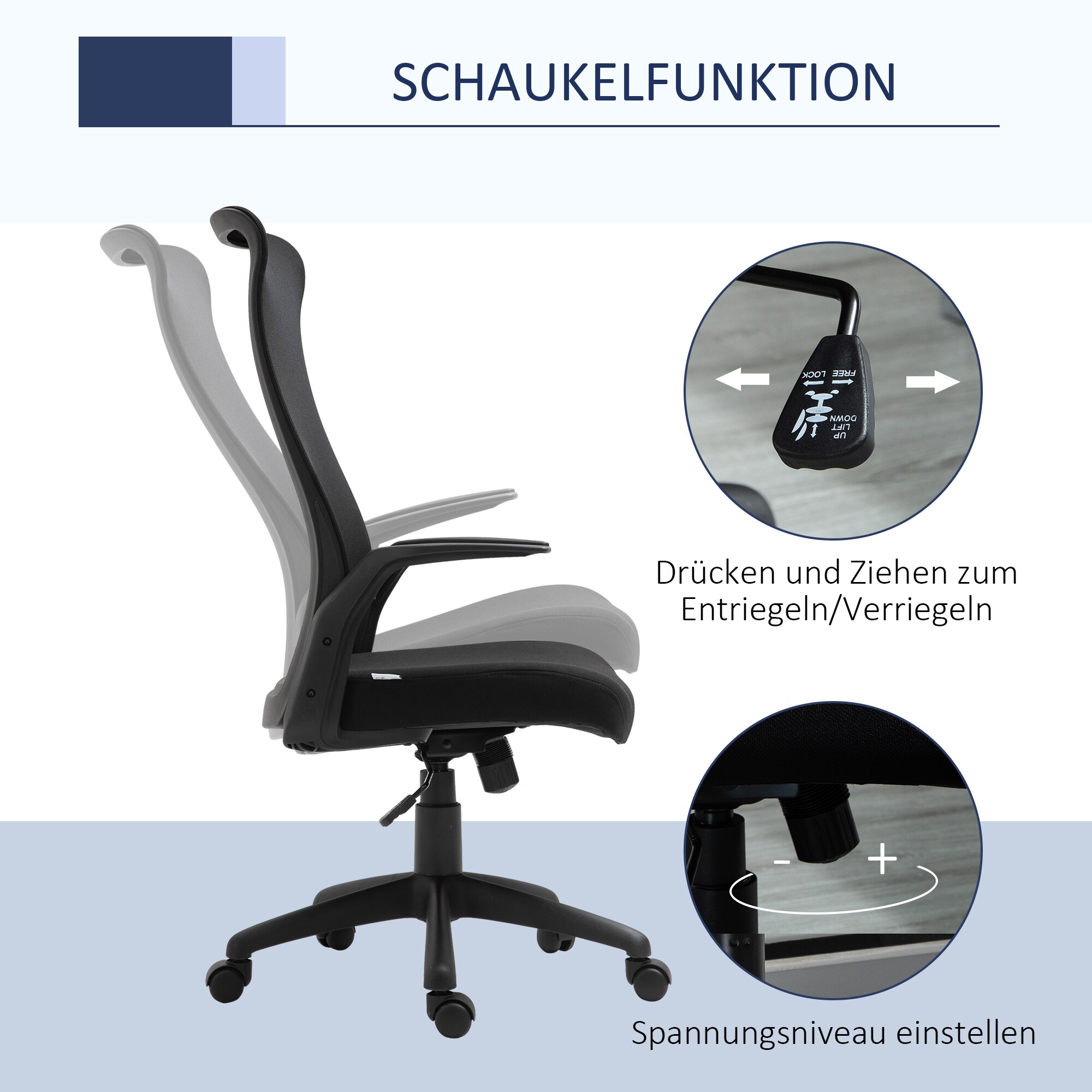 Vinsetto Bürostuhl ergonomisches liniendesign, atmungsaktiv, highend-Gas-lift Schwarz 62 x 62 x 113-122 cm (BxTxH)