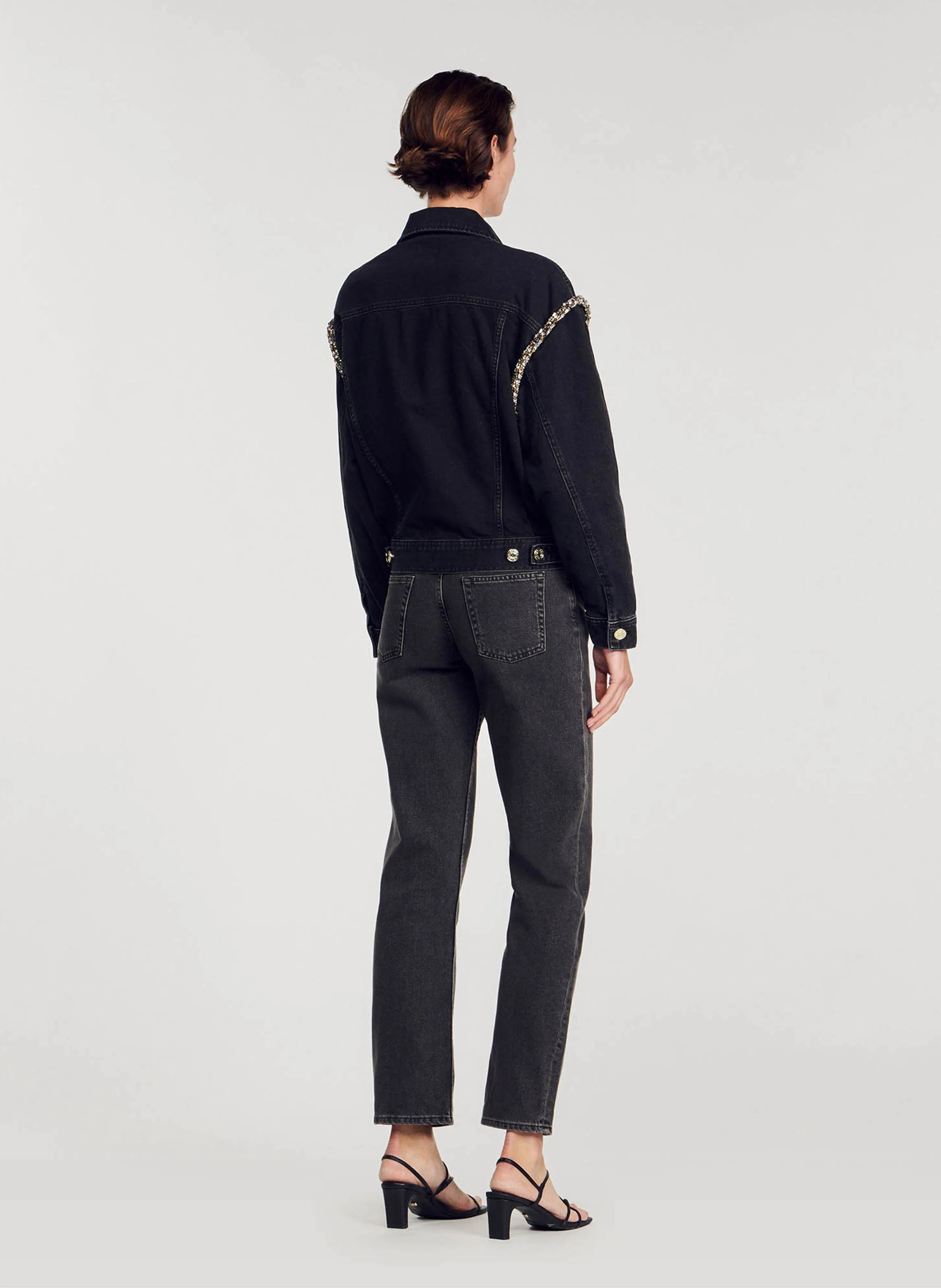 Veste en jean col classique avec strass | Noir