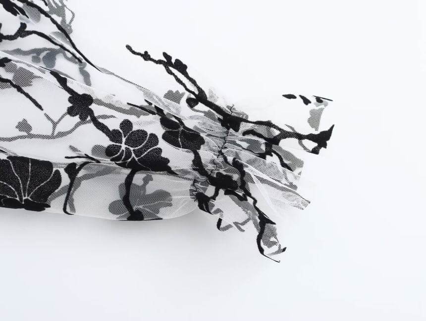 Avauntgardo - Blouse met lange mouwen, opstaande kraag, bloemenprint en doorschijnende strik aan de voorkant