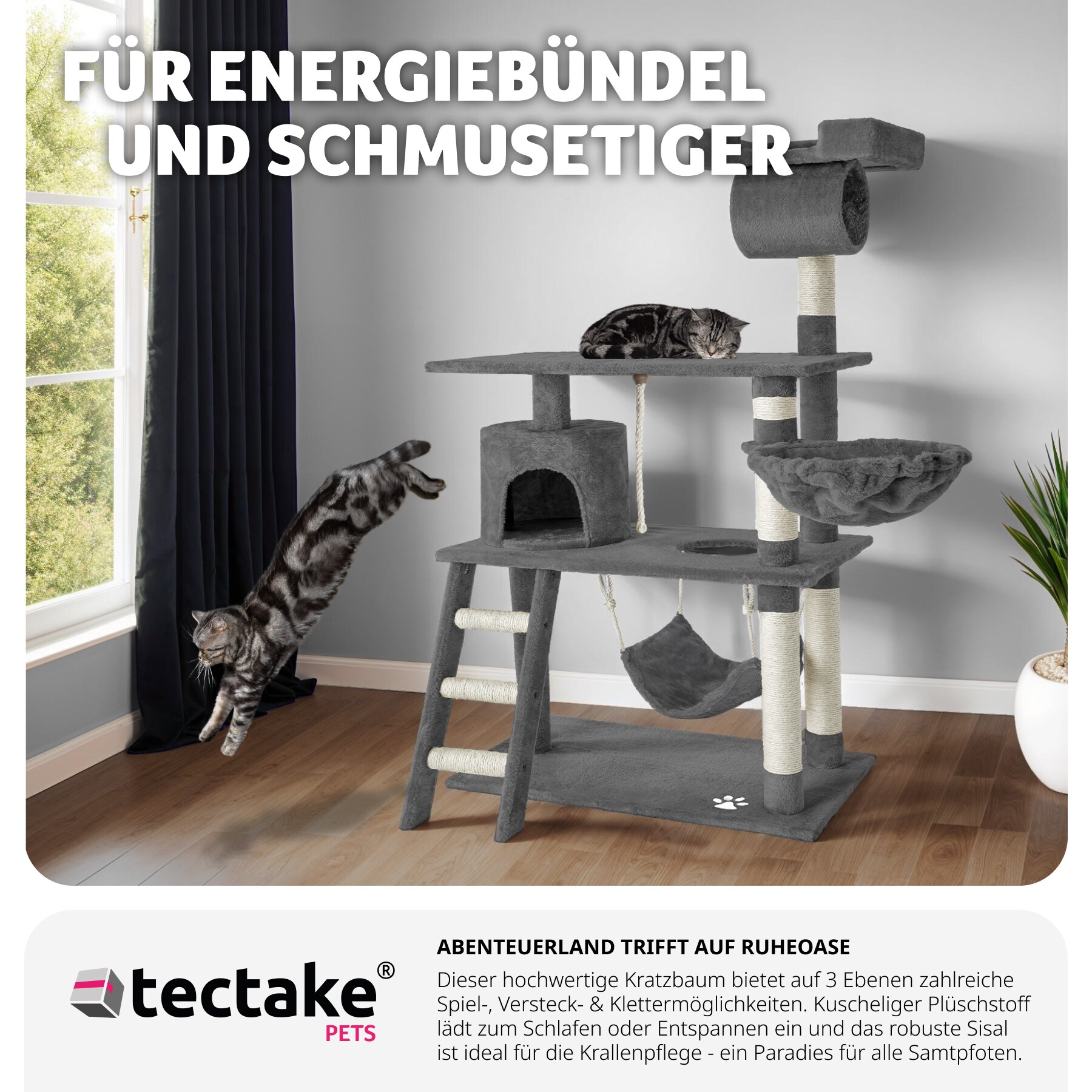 tectake® Kratzbaum, 141 cm, mit Katzenhaus, inklusive Treppe, Spielkordel und Kippschutz