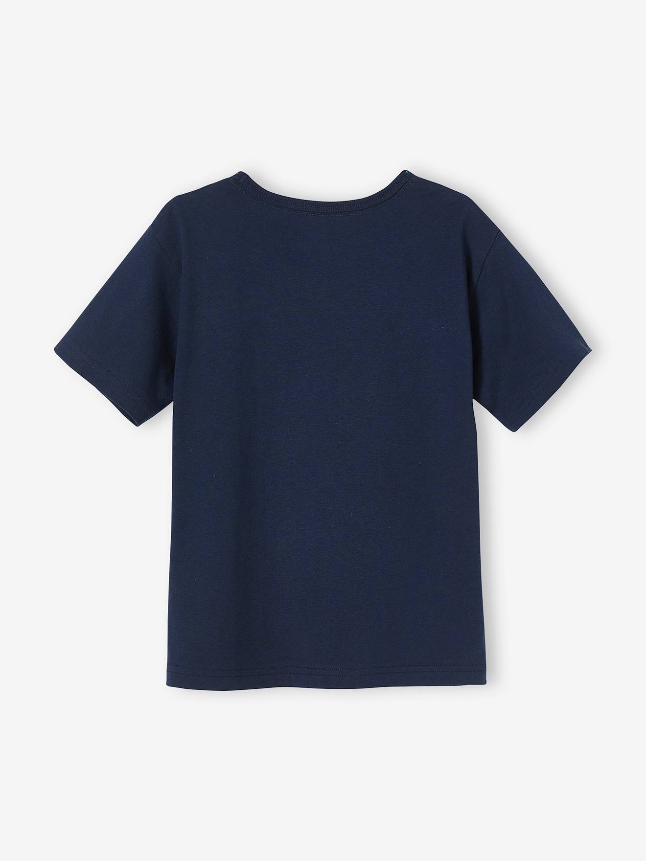 Camiseta infantil masculina com estampa gráfica, lisa, azul-escura com motivos.