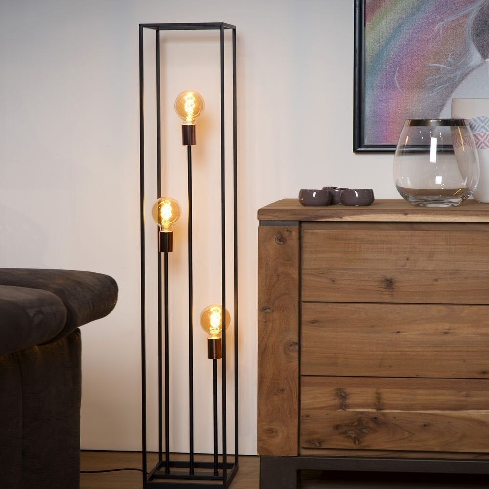 Arthur vloerlamp in zwart en koper, E27, 3-lichts