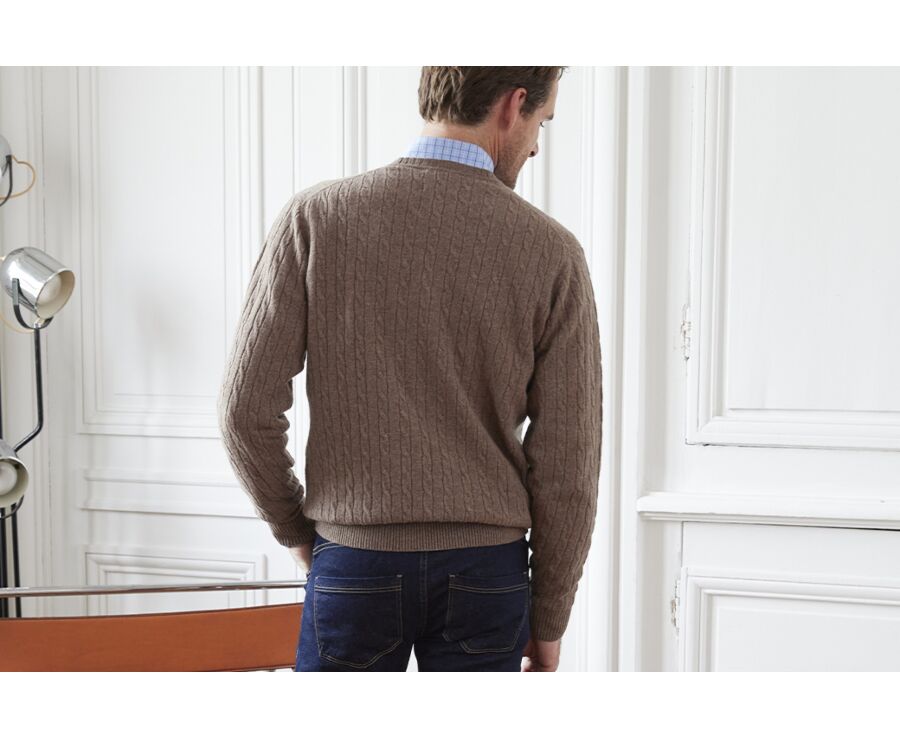 Pull homme col rond laine motifs torsades Marron Chiné - CONTOR