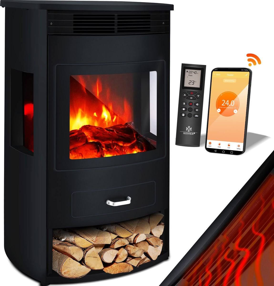KESSER Prio Elektrokamin mit Heizung Heizlüfter Fernbedienung WiFi App 950/1900 W Kamin elektrisch LED-Flammeneffekt Kaminfeuer Elektro Kamin mit