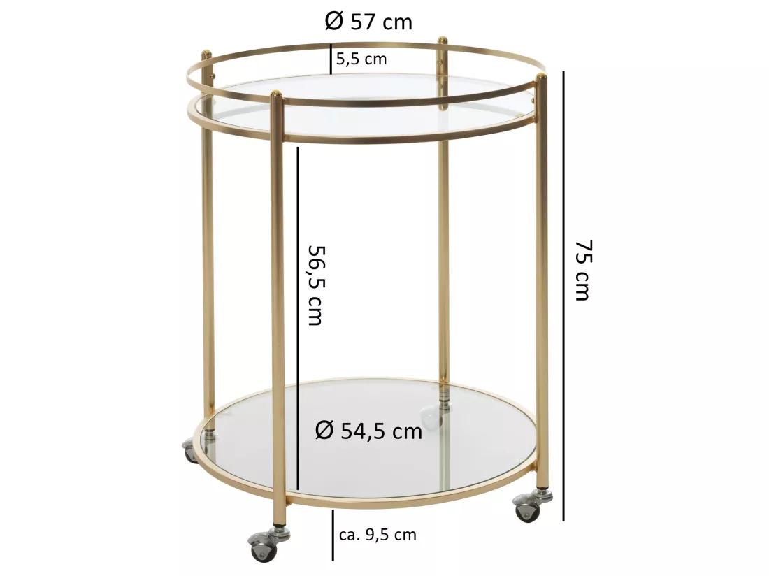 Chariot de Service ø 57 cm Verre / Métal Chariot de nourriture Roulant