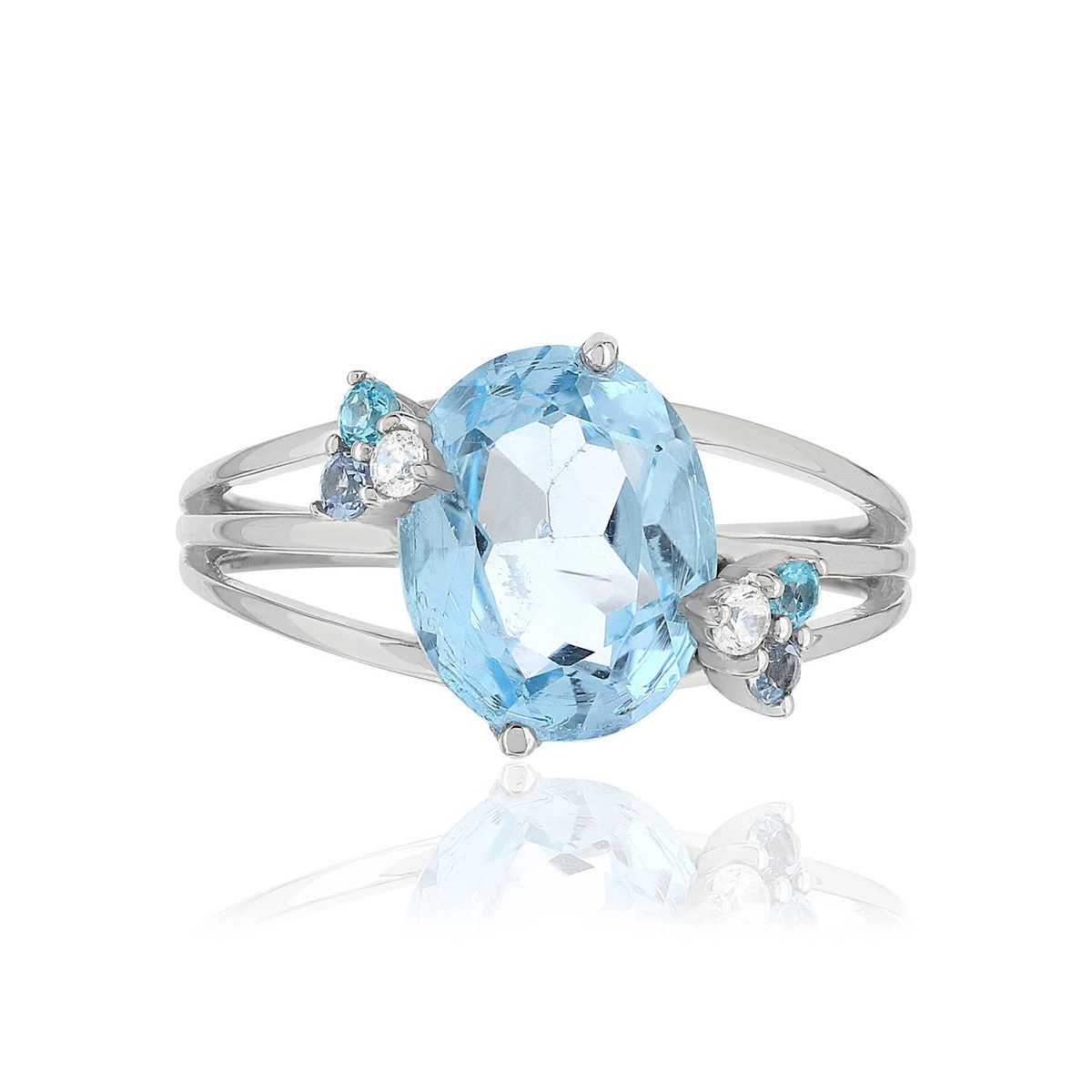 Bague or 375 blanc topazes bleues et blanches