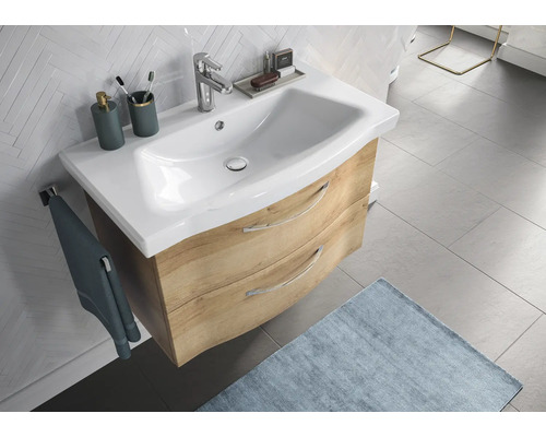 Pelipal Sunline 114 badkamermeubelset, BxHxD 112 x 200 x 46 cm, frontkleur: Riviera eiken, 4-delige badkamermeubelset met witte keramische wastafel en badmeubel, spiegelkast met LED-verlichting, wandkast