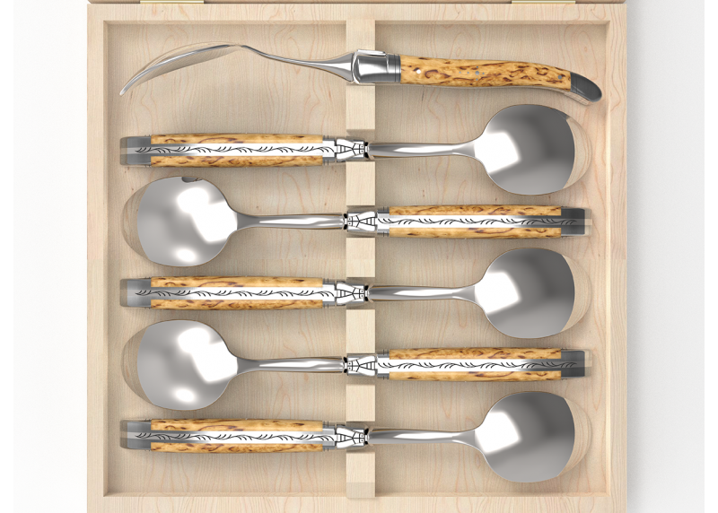 Service de 6 petites cuillères Laguiole avec un manche en bois de bouleau et mitres en acier inoxydable