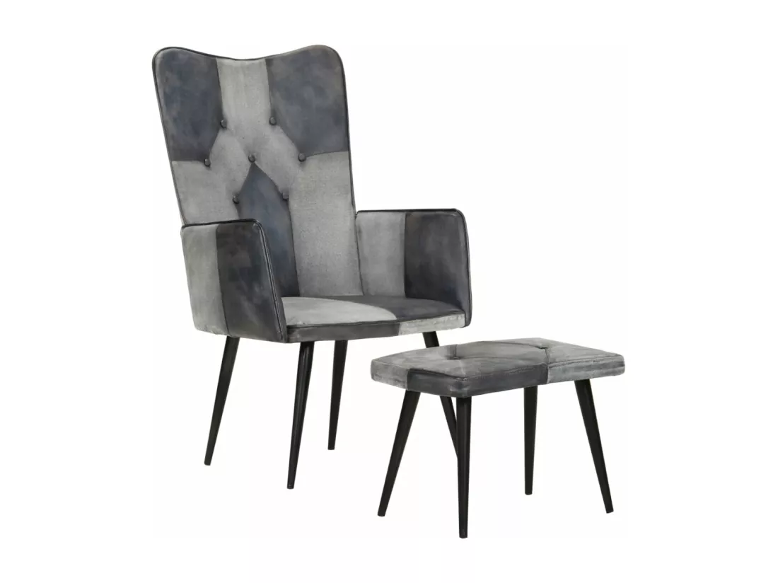 Fauteuil avec repose-pieds Gris Cuir véritable et toile