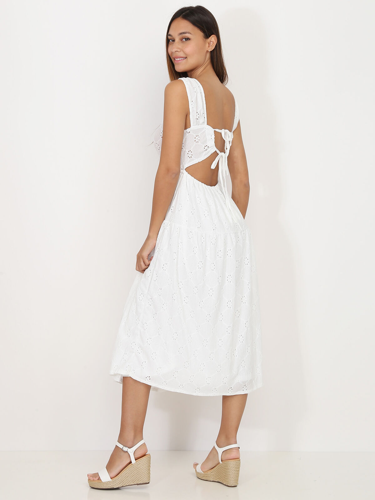 Robe mi-longue en broderie anglaise- Blanc