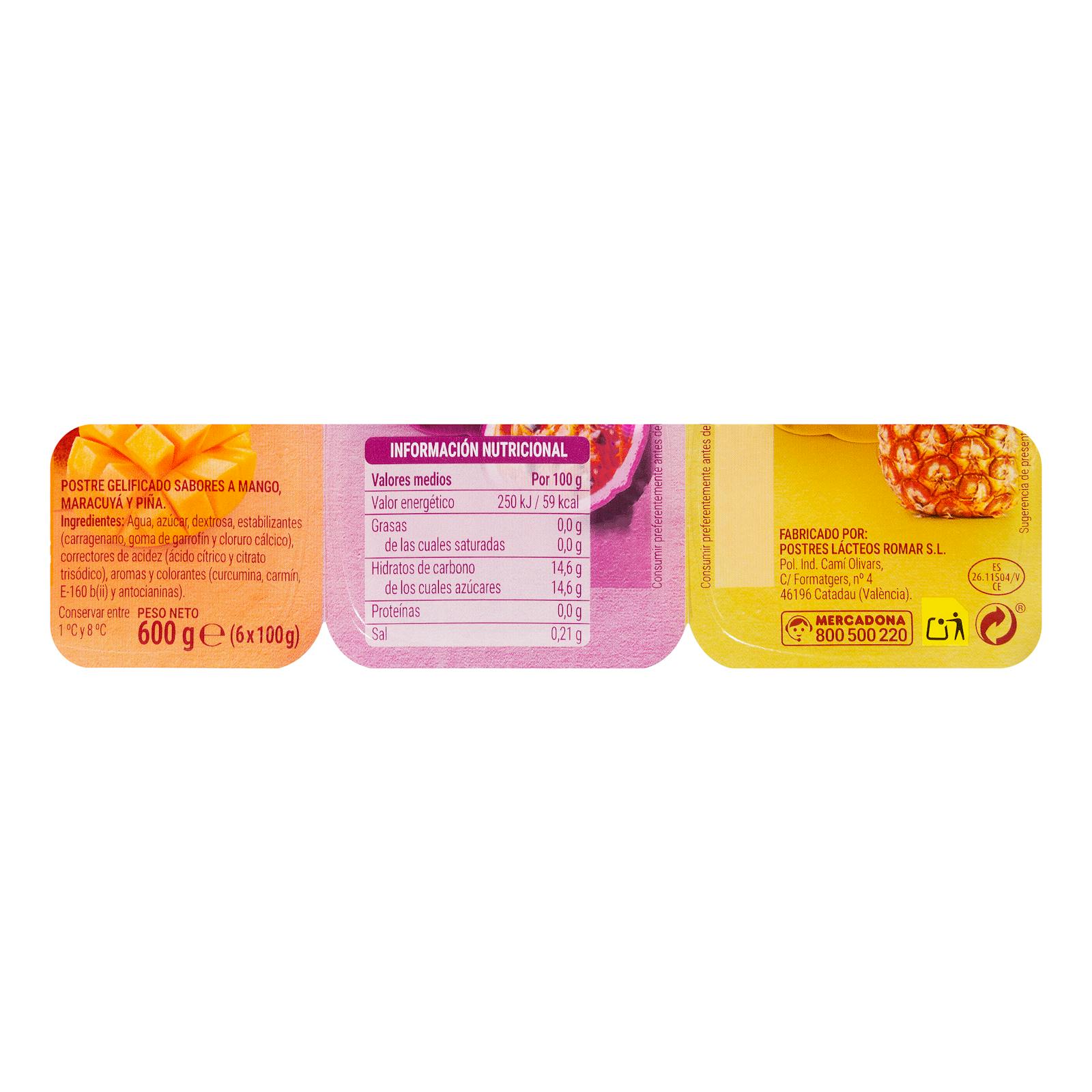 Gélatine aromatisée à la mangue Hacendado, au fruit de la passion et à l'ananas