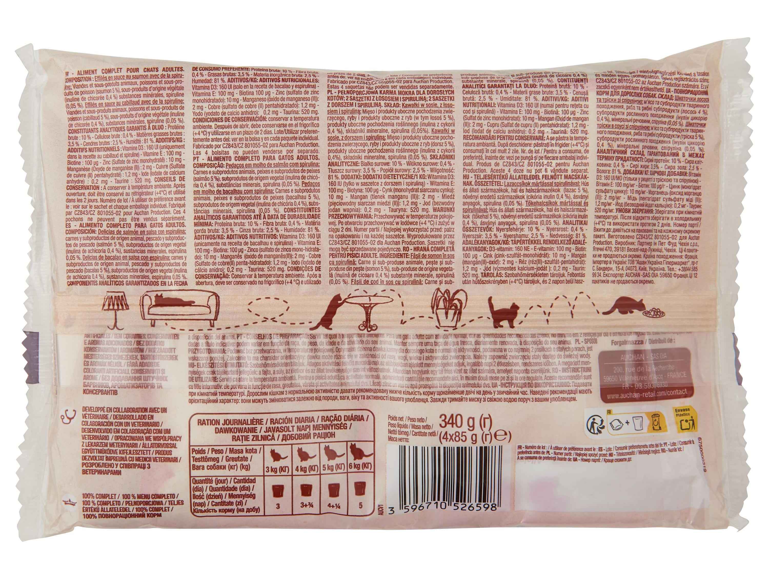 COMIDA HÚMIDA PARA GATO AUCHAN NATURAL SAQUETAS PEIXE SEM CEREAIS ADICIONADOS 4X85G