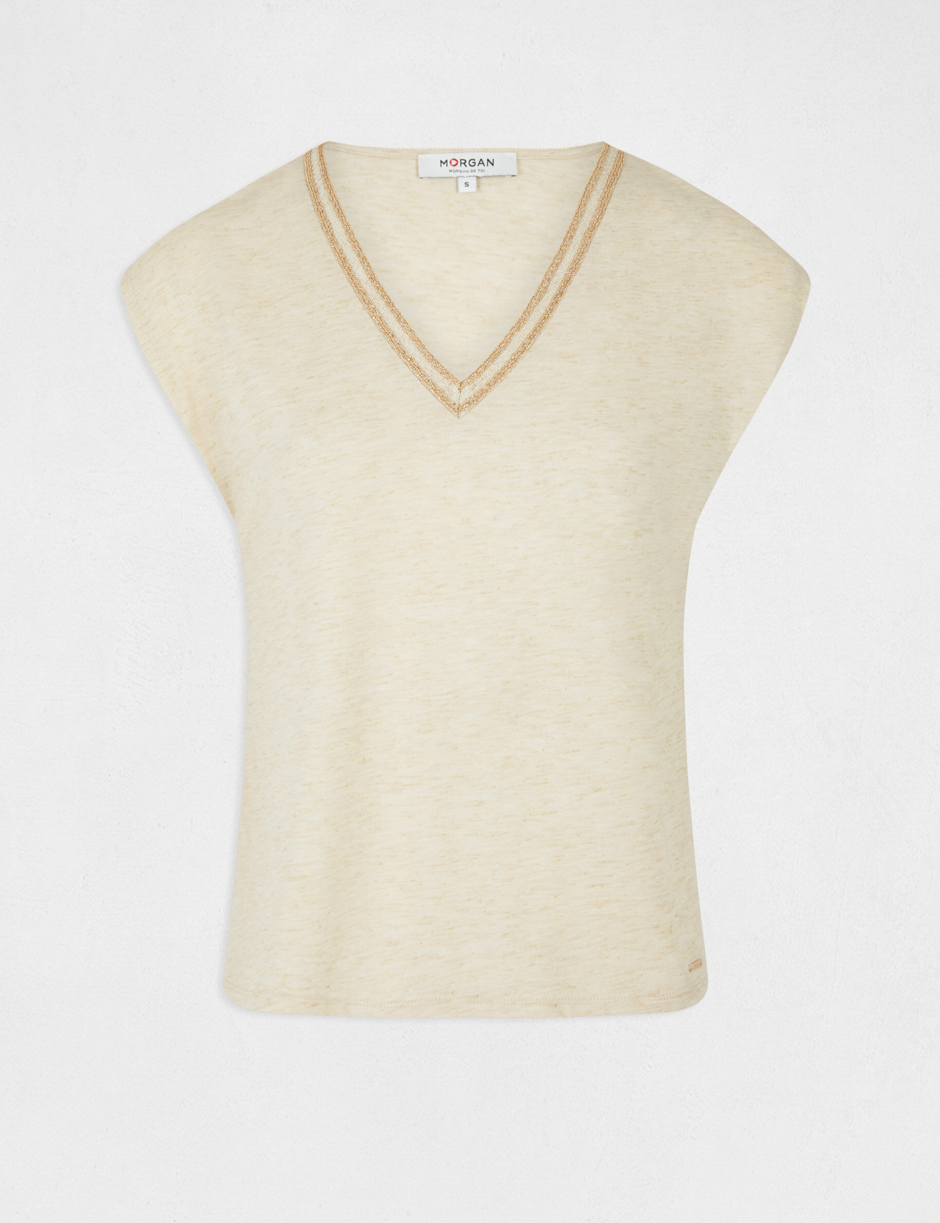 T-shirt manches courtes à col en V sable femme - sable