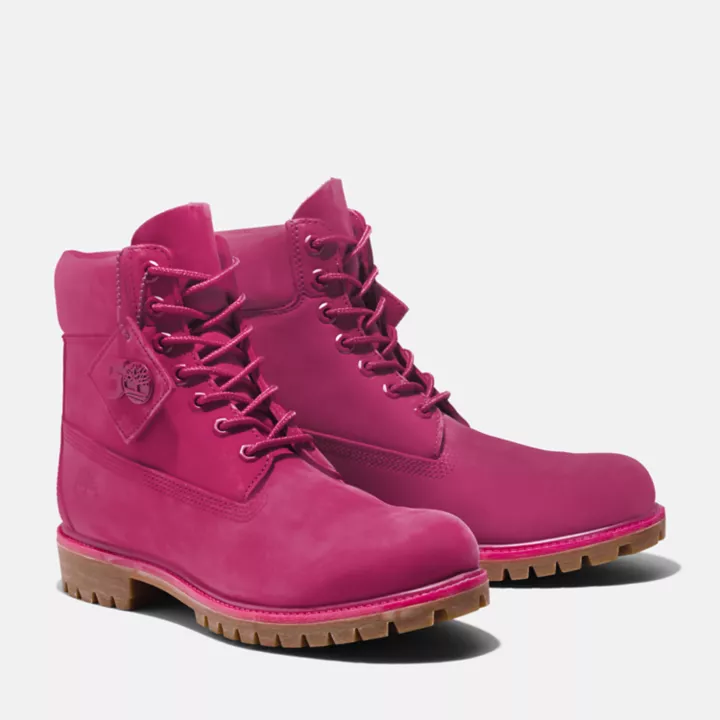 Botas Timberland Premium de 6 polegadas impermeáveis para homem, edição 50ª edição, na cor rosa escuro.