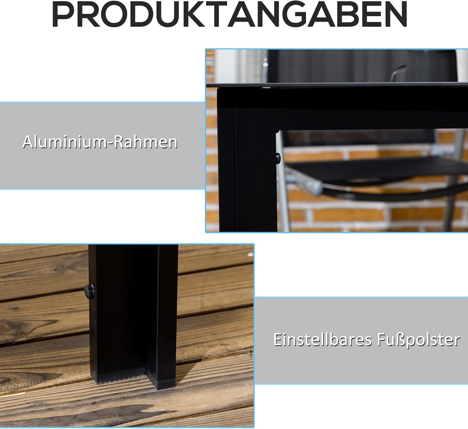Outsunny Gartentisch Aluminium 150 x 90 cm Wetterfest Balkontisch mit Glas-Tischplatte, Buffettisch Campingtisch für 6 Personen Terrassentisch Outdoor Esstisch für Garten, Terrasse Balkon Schwarz