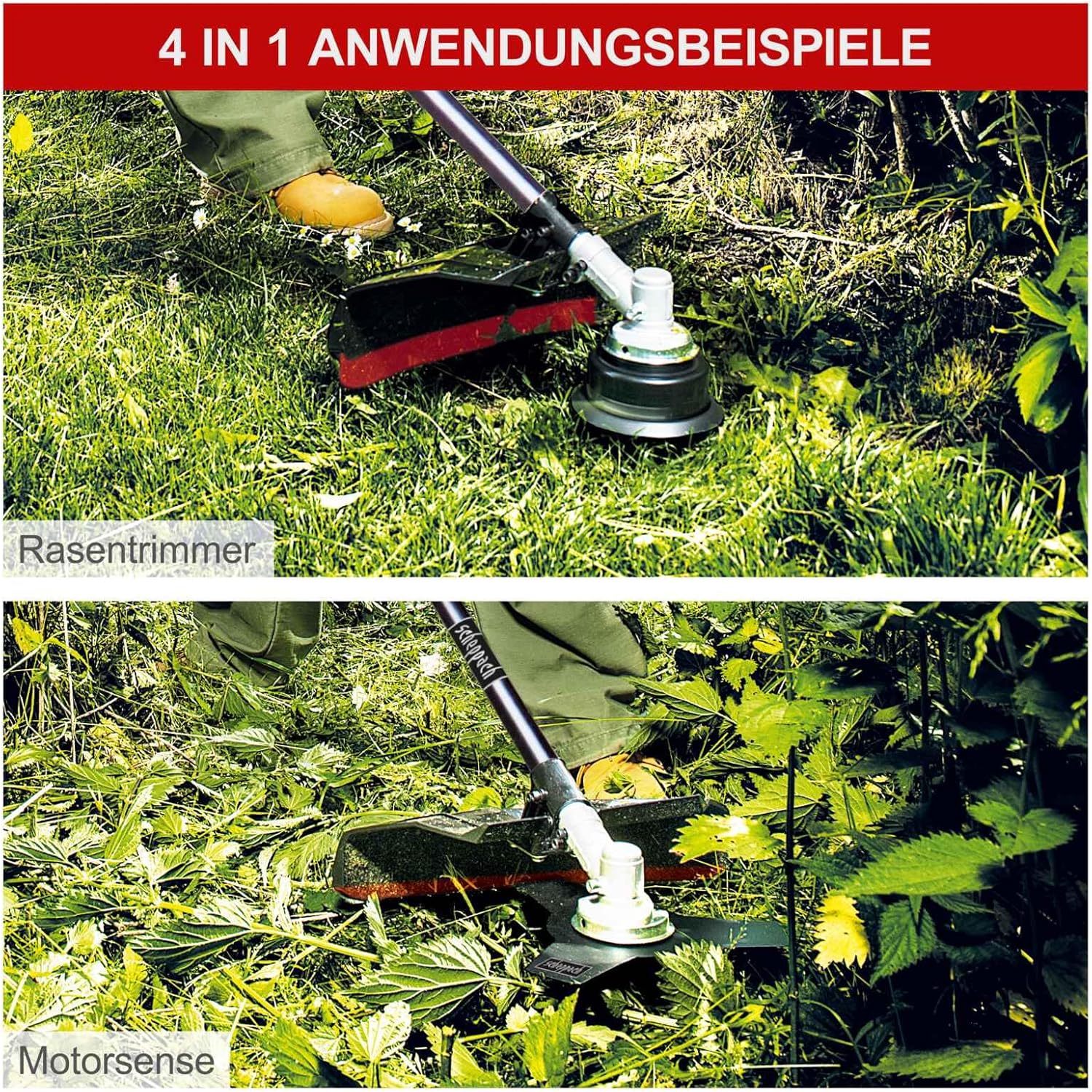 Scheppach Benzin Motorsense MFH5200-4P (1,8 PS, 4in1 Multitool für Garten - Rasentrimmer, Heckenschere, Hochentaster, Kettensäge, 250mm Schwert/Kette, schwenkbar) inkl. 2 Tricord Fadenspulen