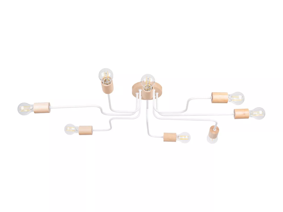 Lustre Timbo grenier en acier/bois - 8 sources lumineuses - L.100 x H.16,5 cm - blanc/bois naturel