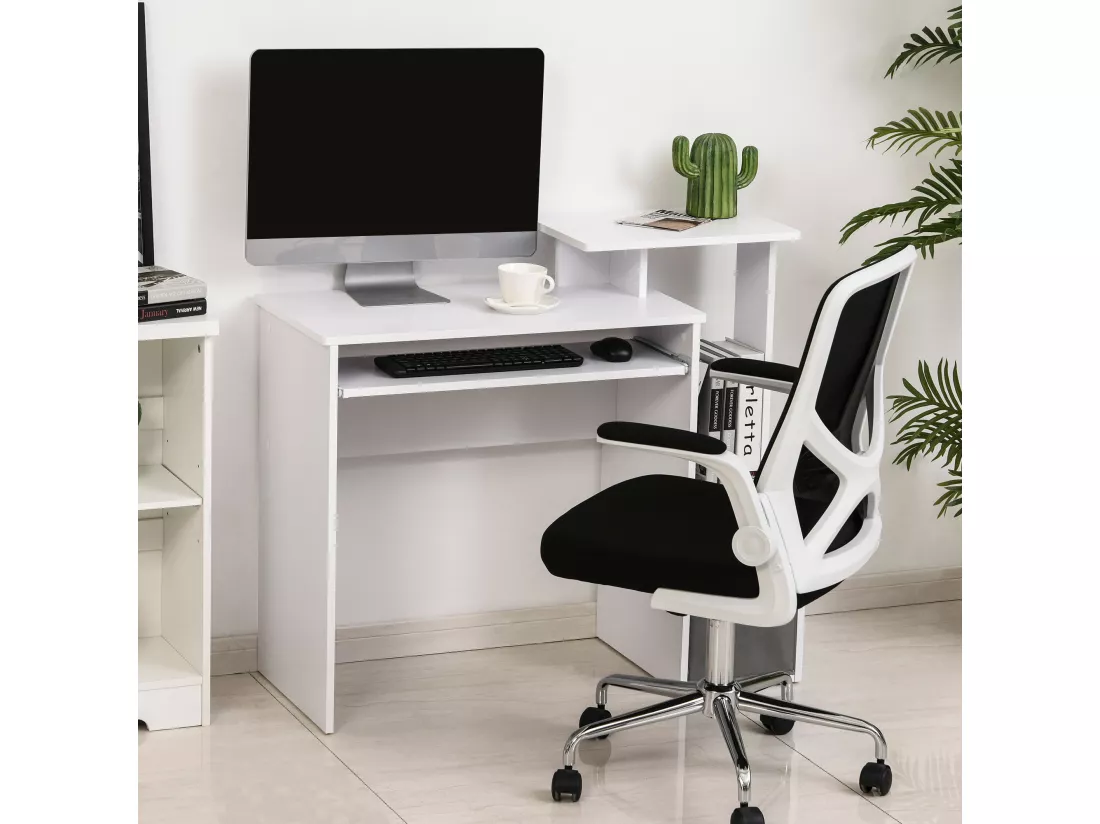 Bureau informatique multimédia étagères tablette clavier panier gris panneaux particules blanc