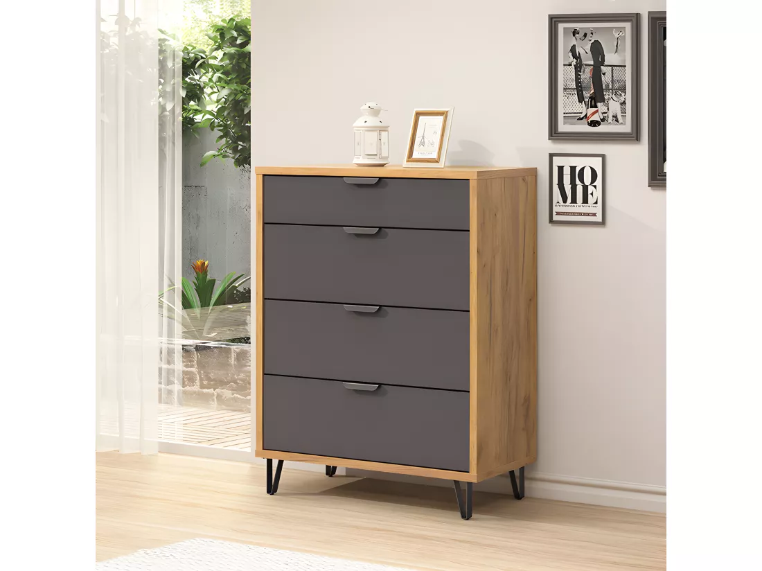 Commode 4 tiroirs naturel et gris Harry