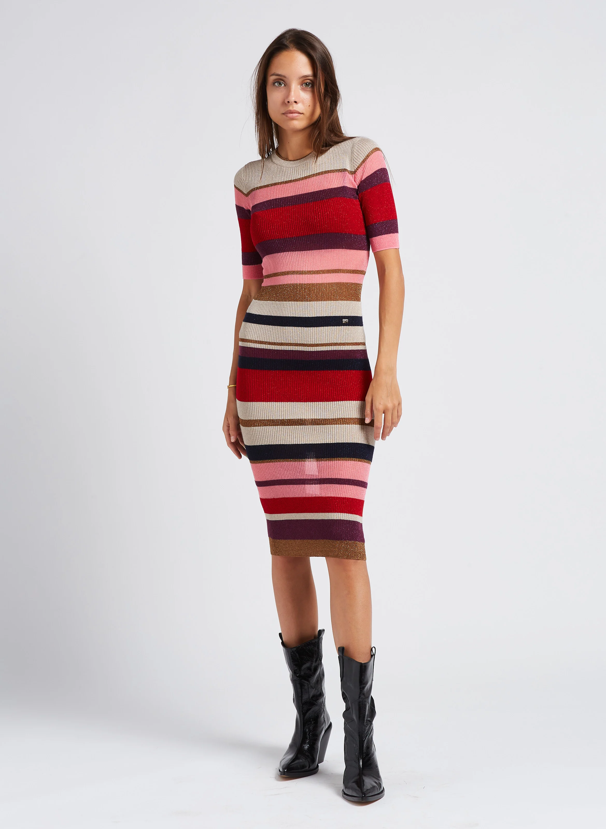 Robe midi col rond rayée en laine| Multicolore